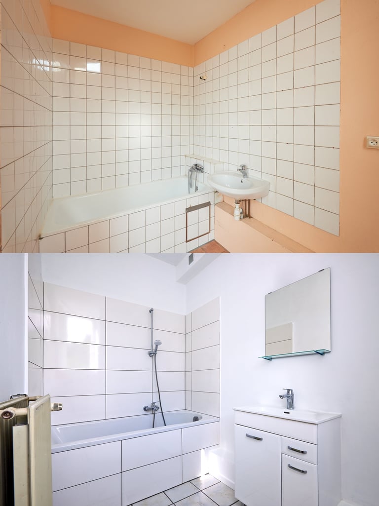 Before and after view of a freshly renovated white bathroom