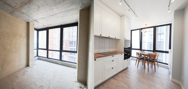 Comparison of old apartment and new flat with modern interior open concept design