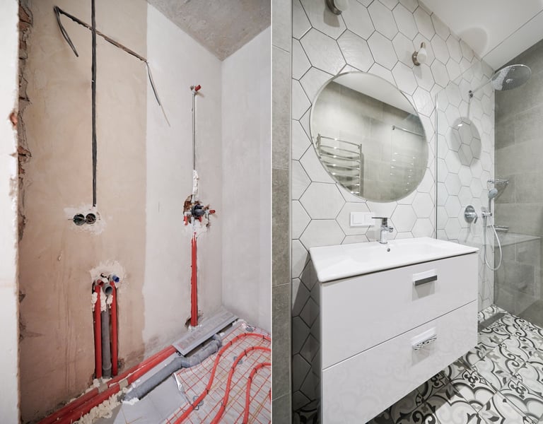 Photo collage of apartment bathroom before and after restoration with modern design
