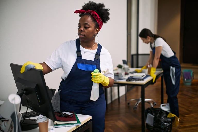 Professional cleaners working in modern office workspace during cleaning routine
