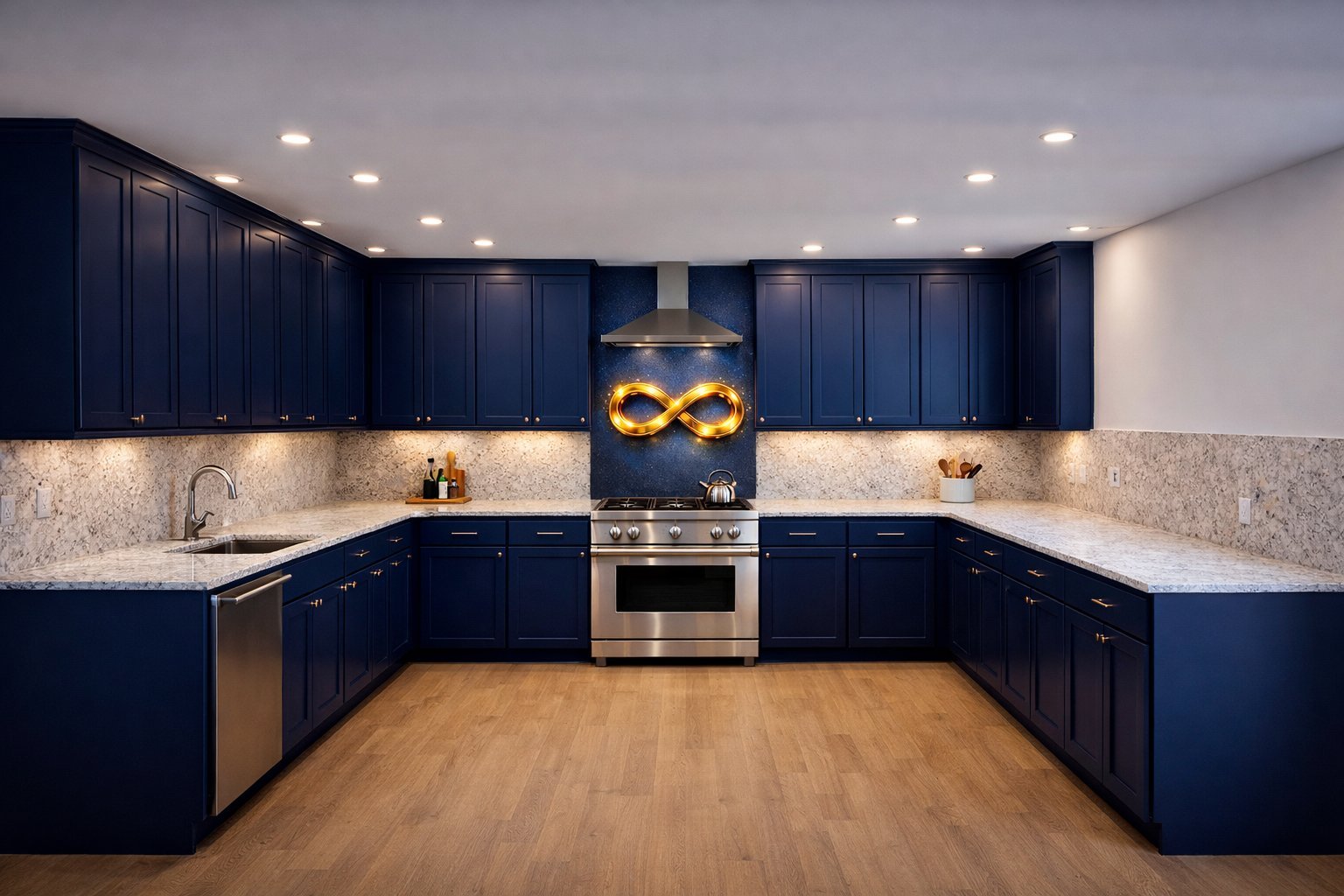 Modern kitchen with dark blue cabinetry, granite countertops, stainless steel appliances, and recessed lighting
